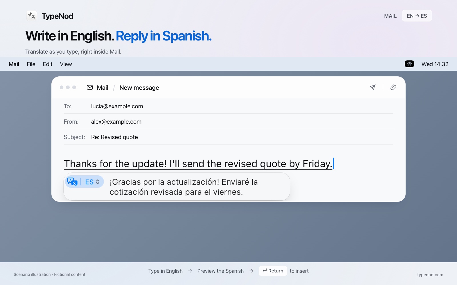 TypeNod translating an email in Mail; scenario illustration with fictional content