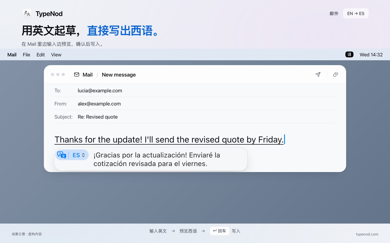 TypeNod 在邮件中翻译的界面；场景示意，内容为虚构示例