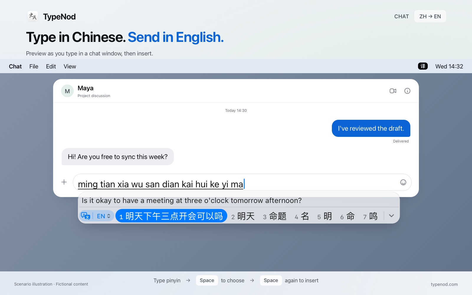 TypeNod translating a chat message; scenario illustration with fictional content