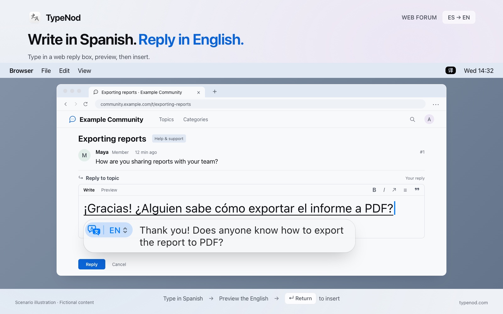 TypeNod translating a forum reply; scenario illustration with fictional content